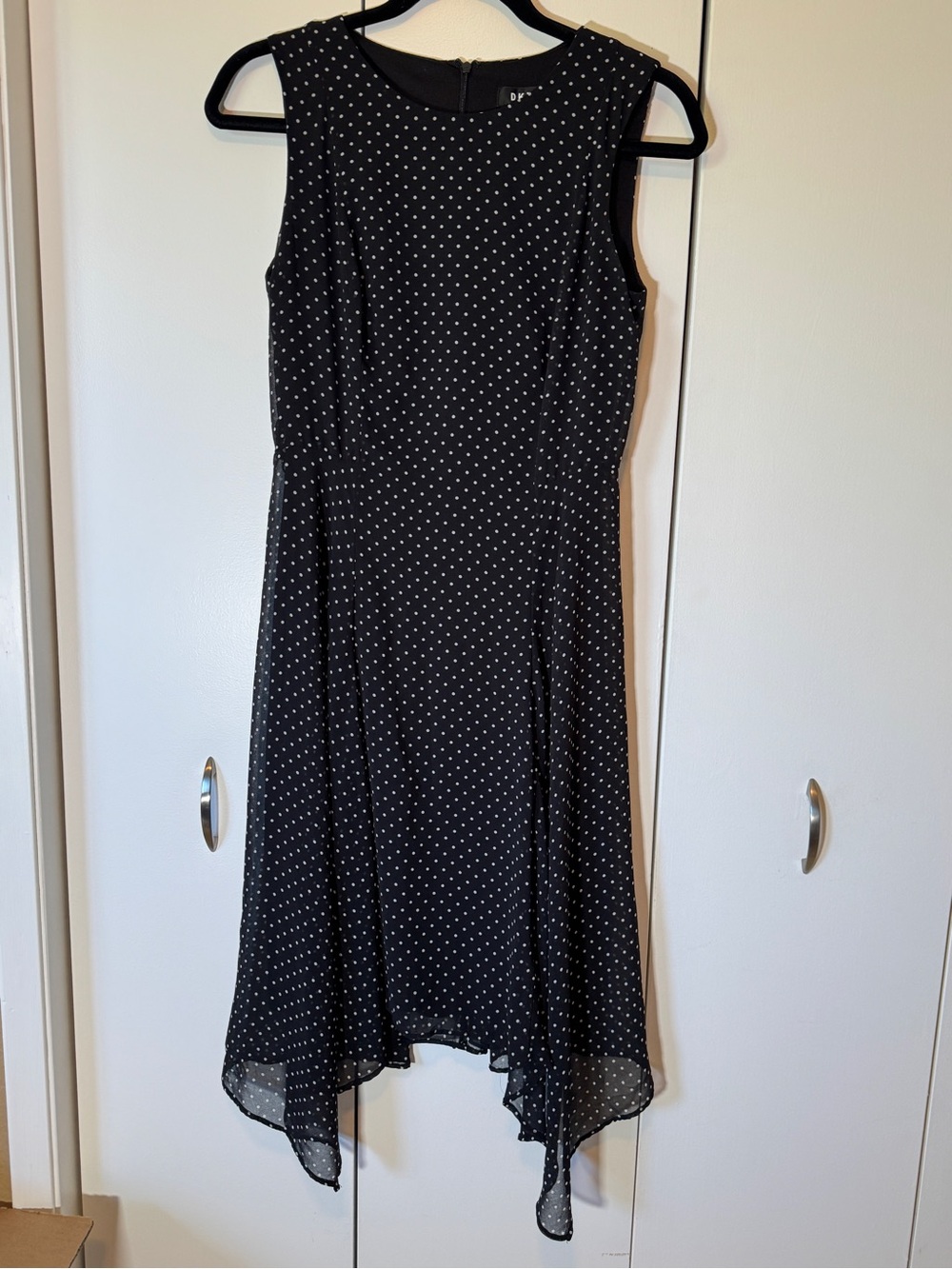 DKNY Black Chiffon Dress with White Polka Dots